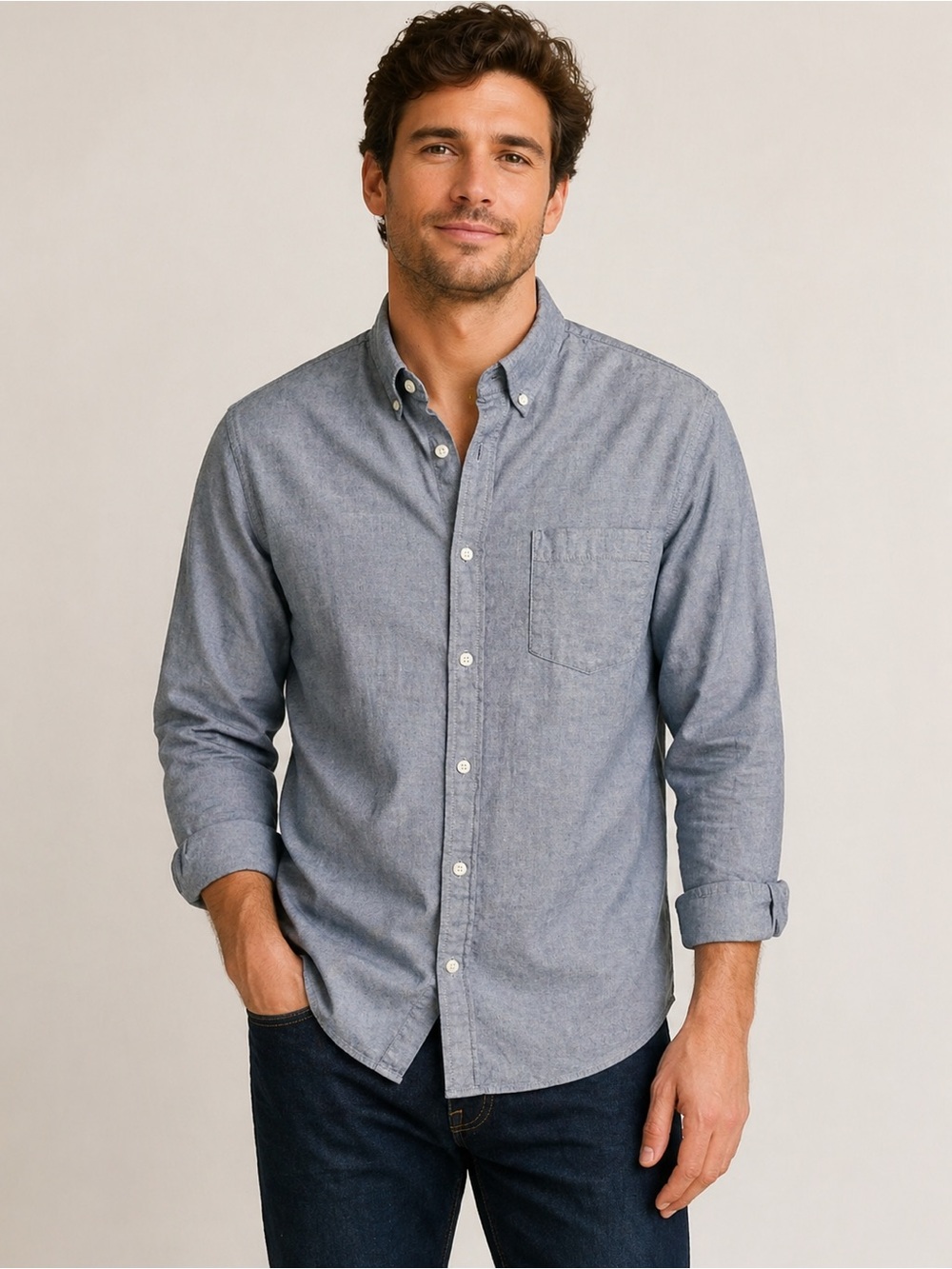 Banana Republic Chambray Button Down Shirt Mens L Untucked Fit Casual Blue